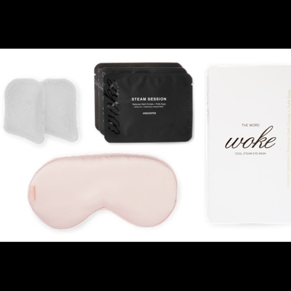 The word WOKE COOL STEAM EYE MASK